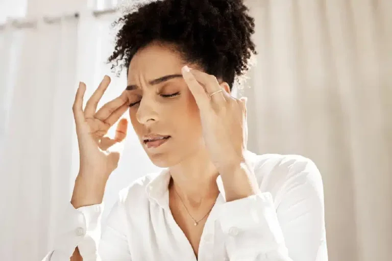 Headache stress woman in home with pain