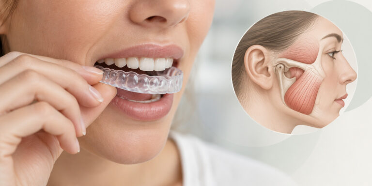 Close-up of a woman inserting a clear dental splint, beside a circular diagram of jaw joint anatomy.
